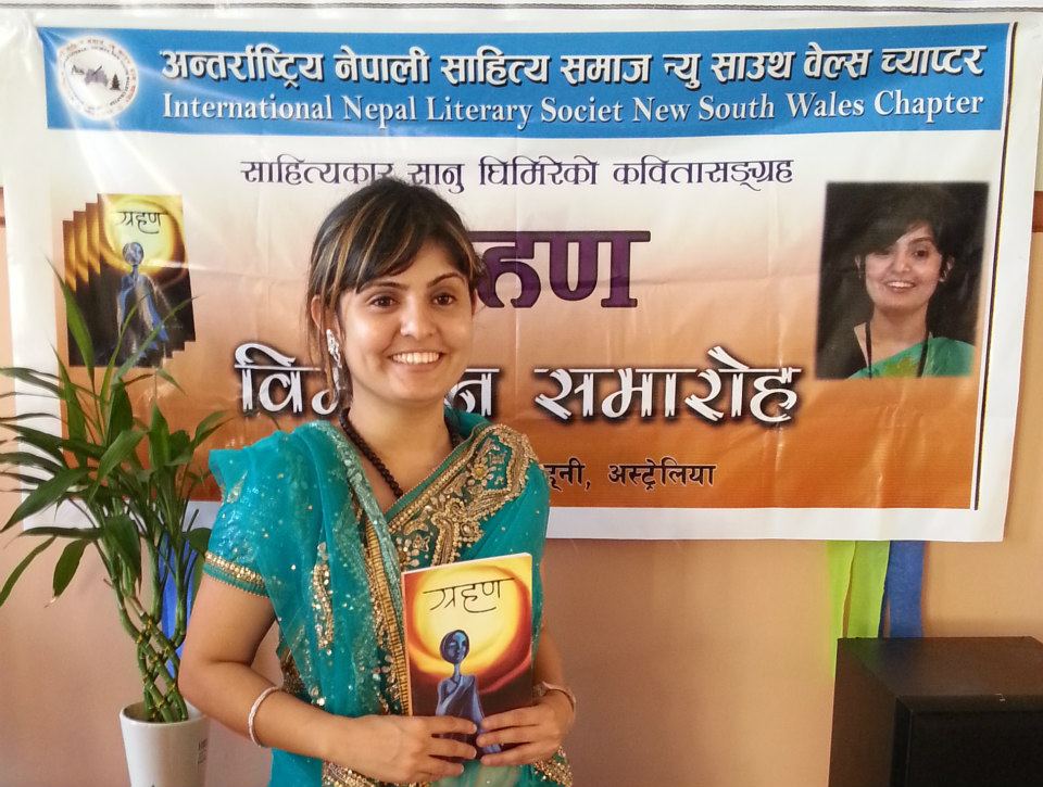 Poet with her book